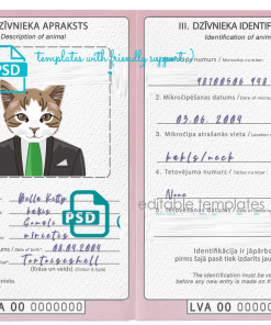 Latvia cat (animal, pet) passport PSD template, fully editable