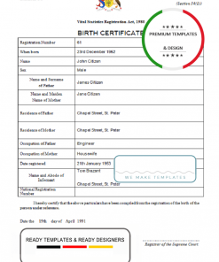 Barbados birth certificate template in Word and PDF format