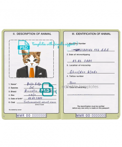 Myanmar cat (animal, pet) passport PSD template, completely editable