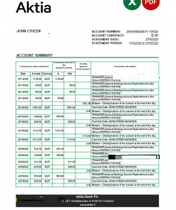 Finland Aktia bank statement Excel and PDF template