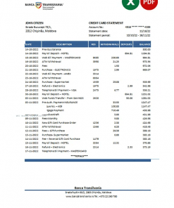 Moldova Banca Transilvania bank statement Excel and PDF template