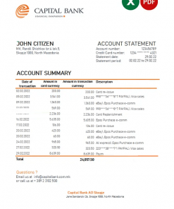 North Macedonia Capital Bank statement Excel and PDF template