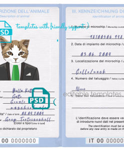 Italy cat (animal, pet) passport PSD template, fully editable