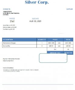 USA Silver Corp. invoice template in Word and PDF format, fully editable