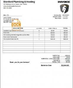 USA Stanford Plumbing & Heating company invoice template in Word and PDF format, fully editable