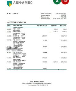 Netherlands ABN AMRO bank statement template in Word and PDF format