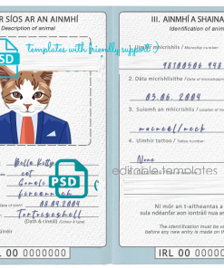 Ireland cat (animal, pet) passport PSD template, completely editable