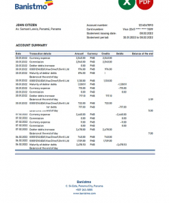 Panama Banistmo bank statement Excel and PDF template