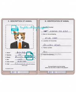 Liberia cat (animal, pet) passport PSD template, fully editable