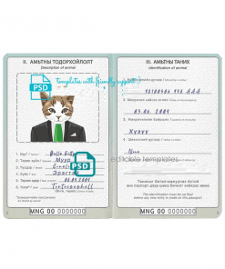 Mongolia cat (animal, pet) passport PSD template, completely editable