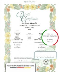 Australia Queensland decorative (commemorative) birth certificate template in PSD format, fully editable