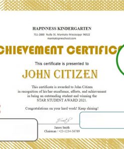 USA Kindergarten certificate template in Word and PDF format