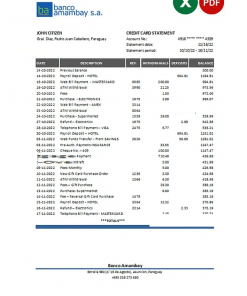 Paraguay Banco Amambay bank statement Excel and PDF template
