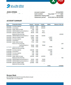 Kuwait Burgan bank statement Excel and PDF template