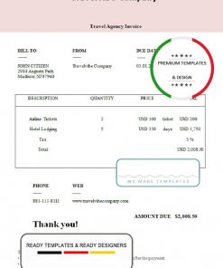 USA Travelvibe Company invoice template in Word and PDF format, fully editable