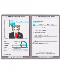 Saint Lucia cat (animal, pet) passport PSD template, completely editable
