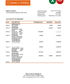 Serbia Banca Intesa bank statement, Excel and PDF template