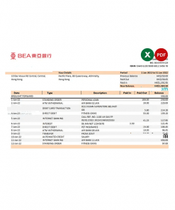 Hong Kong BEA bank statement Excel and PDF template