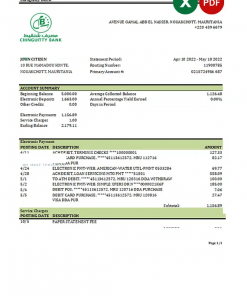 Mauritania Chinguitty bank statement Excel and PDF template