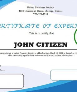 USA Plumbing Experience certificate template in Word and PDF format