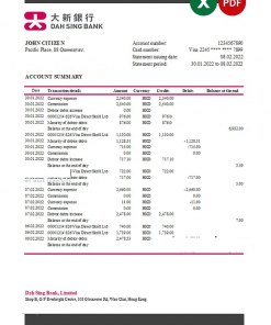 Hong Kong DAH Sing bank statement Excel and PDF template