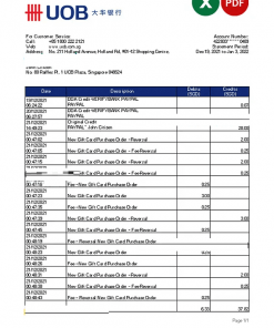 Singapore UOB bank statement, Excel and PDF template
