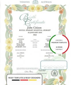 Australia Tasmania decorative (commemorative) birth certificate template in PSD format, fully editable