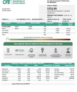 Mexico Electricity CFE utility bill template in Word and PDF format, fully editable