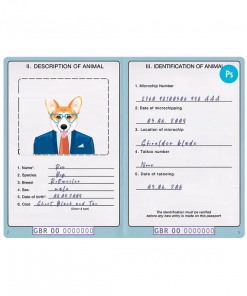 United Kingdom dog (animal, pet) passport PSD template, fully editable