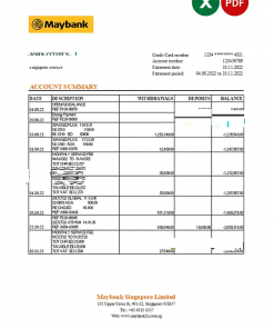 Singapore Maybank bank statement, Excel and PDF template