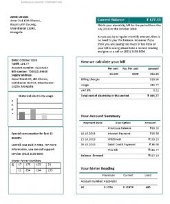 Mongolia Energy Corporation (MEC) electricity utility bill template in Word and PDF format