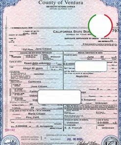 USA state California County of Ventura death certificate template in PSD format, fully editable