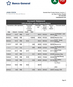 Panama Banco General bank statement Excel and PDF template