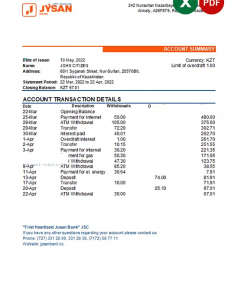 Kazakhstan First Heartland Jusan bank statement Excel and PDF template