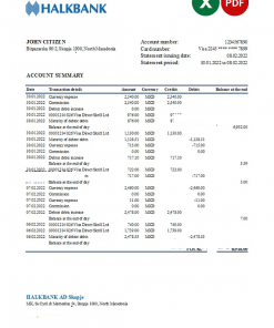 Macedonia Halkbank bank statement Excel and PDF template