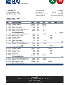 Portugal Banco BAI Europa bank statement Excel and PDF template