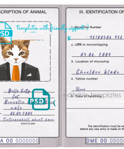 Indonesia cat (animal, pet) passport PSD template, completely editable