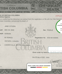 Canada British Columbia death certificate template in PSD format