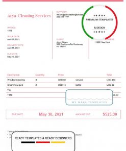 USA Arya Cleaning Services invoice template in Word and PDF format, fully editable