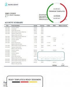 Russia Zenit Bank bank proof of address statement template in Word and PDF format