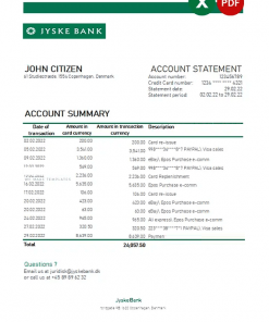 Denmark Jyske bank statement Excel and PDF template