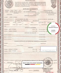 Mexico birth certificate template in PSD format, fully editable