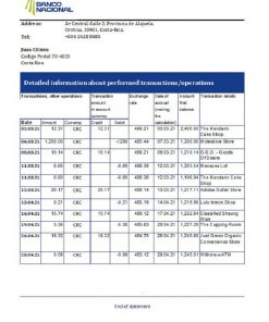 Costa Rica Banco Nacional de Costa Rica proof of address bank statement template in Word and PDF format