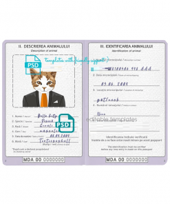Moldova cat (animal, pet) passport PSD template, completely editable