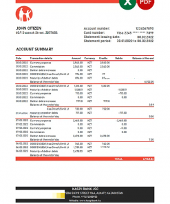 Kazakhstan Kaspi bank statement Excel and PDF template