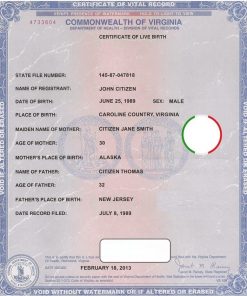 USA Virginia state birth certificate template in PSD format, fully editable