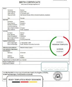 Australia Western Australia birth certificate template in Word format, version 1