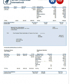 USA Service Corp. International consumer discretionary company pay stub Word and PDF template