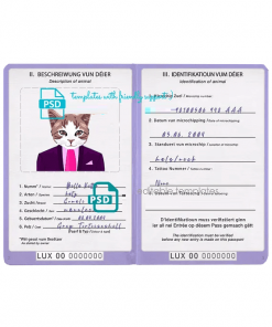Luxembourg cat (animal, pet) passport PSD template, fully editable