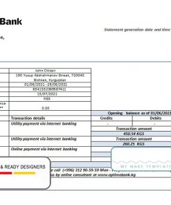Kyrgyzstan Optima bank statement template in Word and PDF format